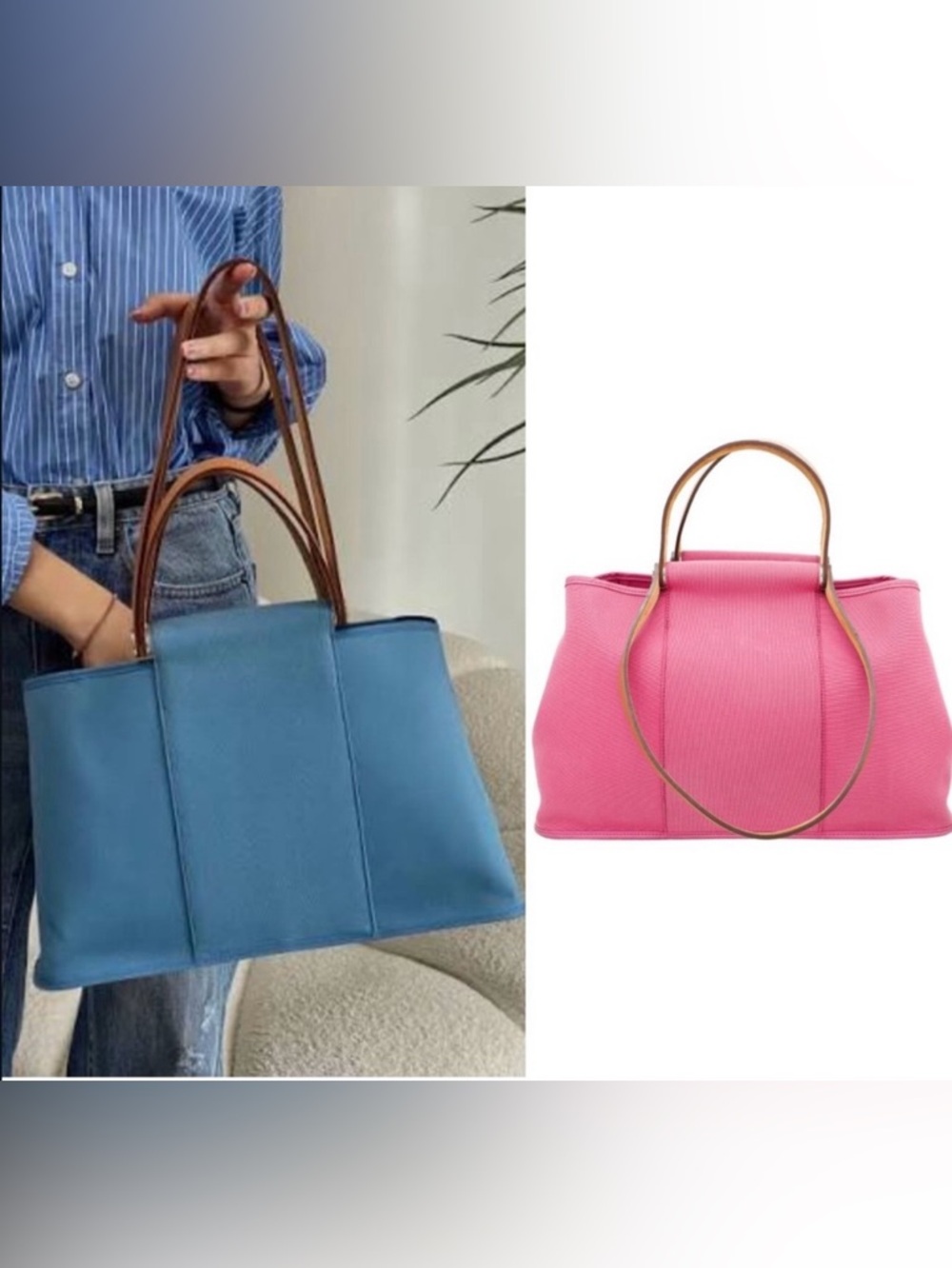 Hermès Cabag Elan tote bag in pink toile officier canvas and tan leather.